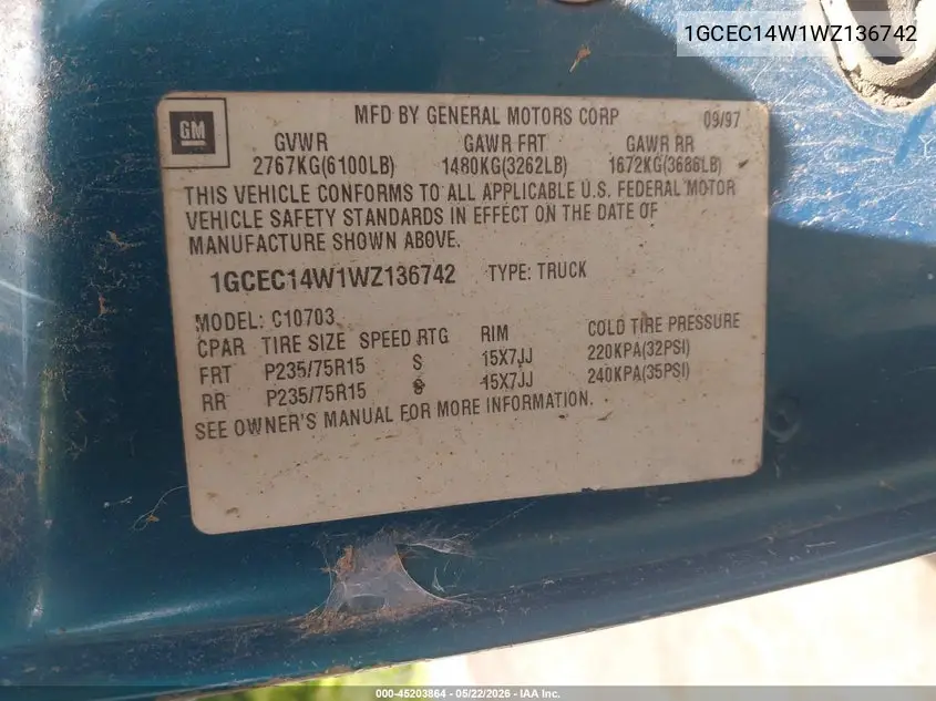 1998 Chevrolet C1500 Fleetside VIN: 1GCEC14W1WZ136742 Lot: 45203864