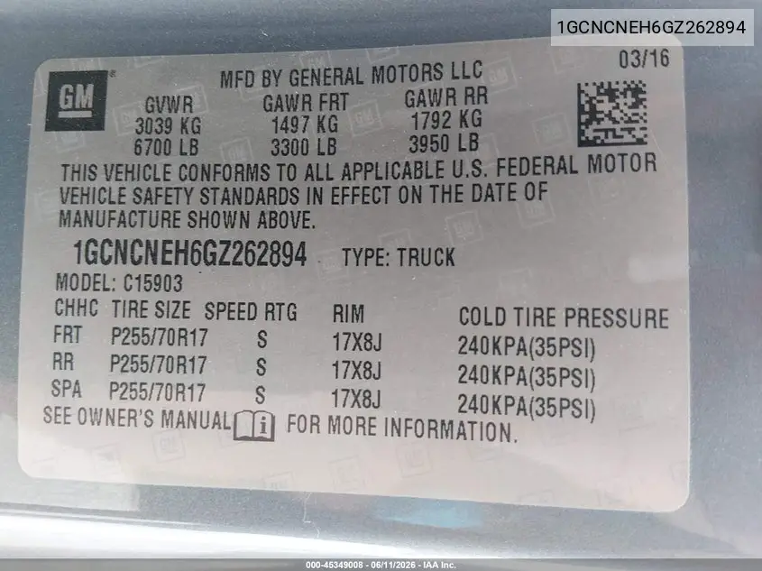 2016 Chevrolet Silverado 1500 Work Truck VIN: 1GCNCNEH6GZ262894 Lot: 45349008