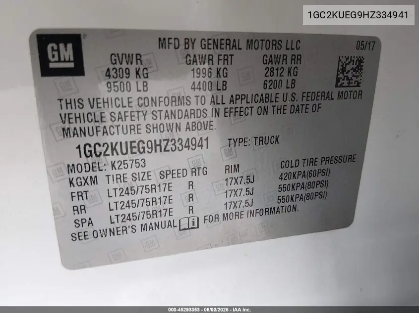 2017 Chevrolet Silverado 2500Hd Wt VIN: 1GC2KUEG9HZ334941 Lot: 45293353
