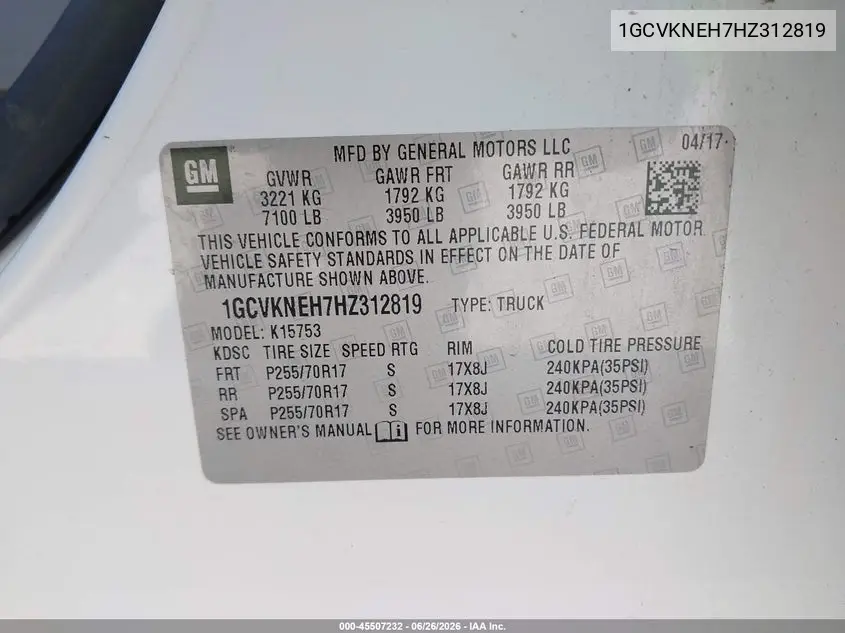 2017 Chevrolet Silverado 1500 Work Truck VIN: 1GCVKNEH7HZ312819 Lot: 45507232