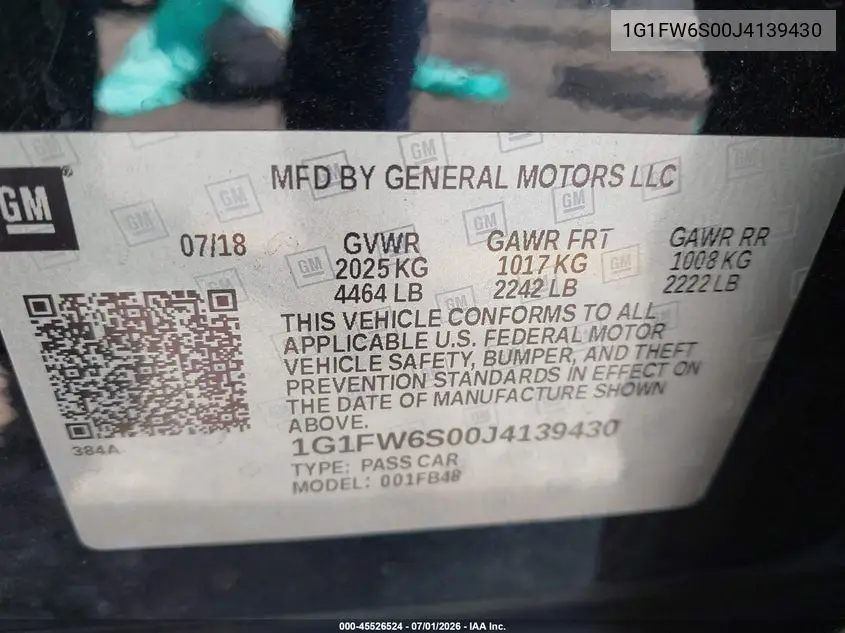 2018 Chevrolet Bolt Ev Lt VIN: 1G1FW6S00J4139430 Lot: 45526524