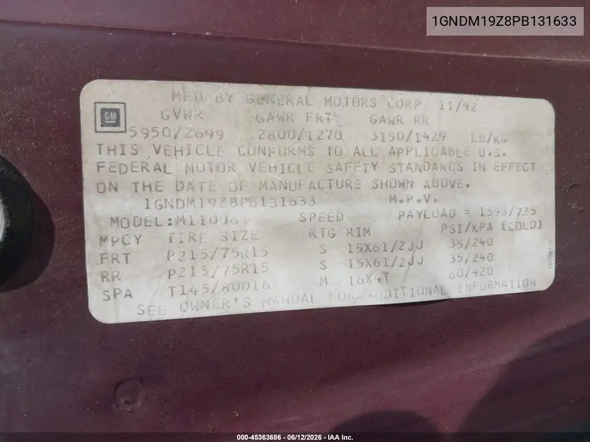 1993 Chevrolet Astro VIN: 1GNDM19Z8PB131633 Lot: 45363686