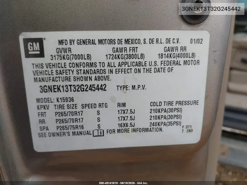 2002 Chevrolet Avalanche 1500 VIN: 3GNEK13T32G245442 Lot: 45141619