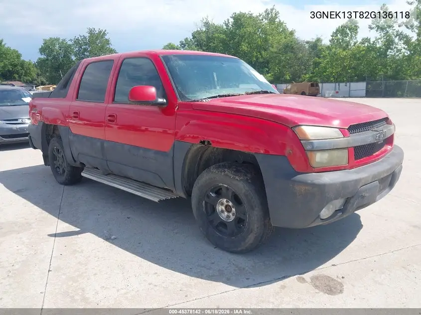 2002 Chevrolet Avalanche 1500 VIN: 3GNEK13T82G136118 Lot: 45378142