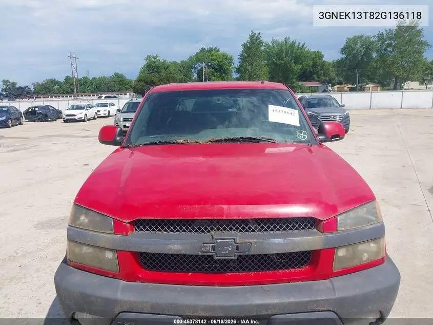 2002 Chevrolet Avalanche 1500 VIN: 3GNEK13T82G136118 Lot: 45378142