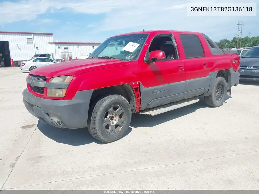 2002 Chevrolet Avalanche 1500 VIN: 3GNEK13T82G136118 Lot: 45378142