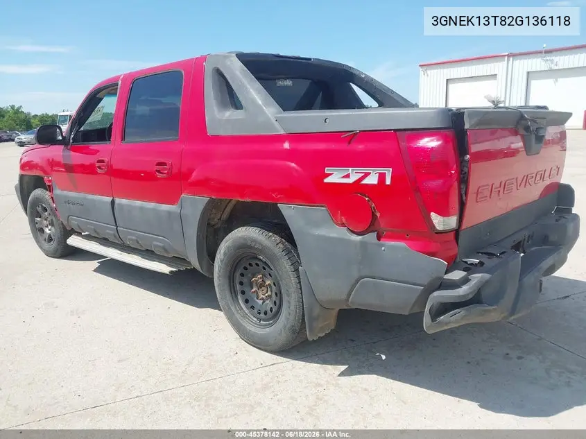 2002 Chevrolet Avalanche 1500 VIN: 3GNEK13T82G136118 Lot: 45378142