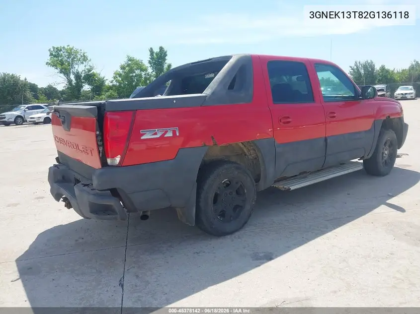 2002 Chevrolet Avalanche 1500 VIN: 3GNEK13T82G136118 Lot: 45378142