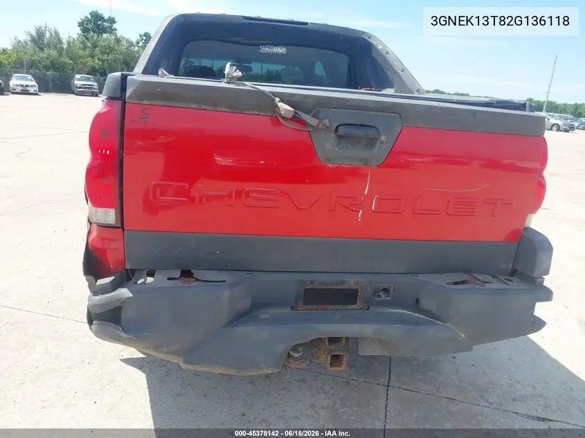 2002 Chevrolet Avalanche 1500 VIN: 3GNEK13T82G136118 Lot: 45378142