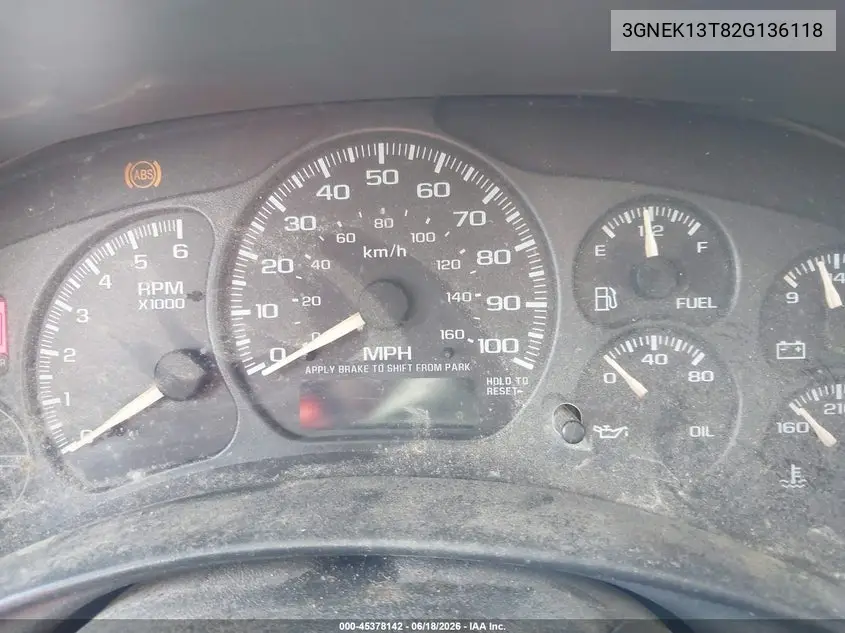 2002 Chevrolet Avalanche 1500 VIN: 3GNEK13T82G136118 Lot: 45378142