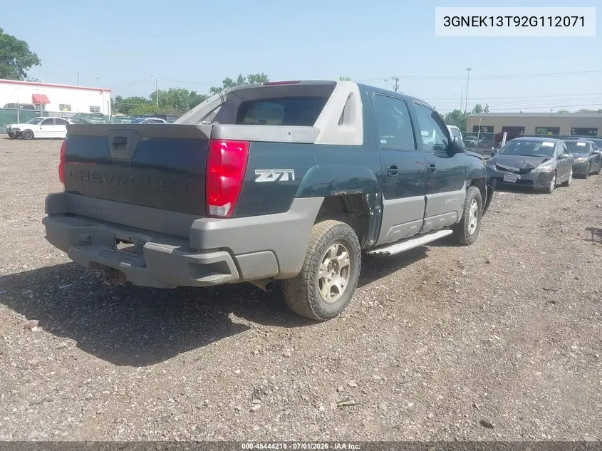 2002 Chevrolet Avalanche 1500 VIN: 3GNEK13T92G112071 Lot: 45444215