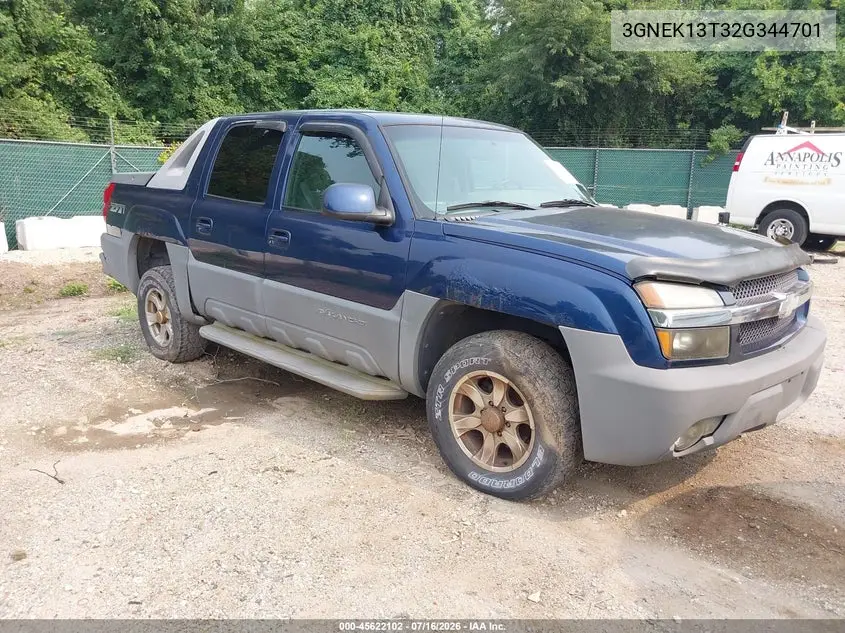 2002 Chevrolet Avalanche 1500 VIN: 3GNEK13T32G344701 Lot: 45622102