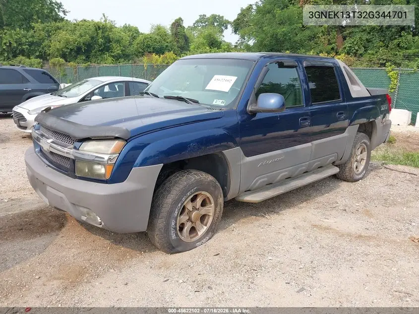 2002 Chevrolet Avalanche 1500 VIN: 3GNEK13T32G344701 Lot: 45622102