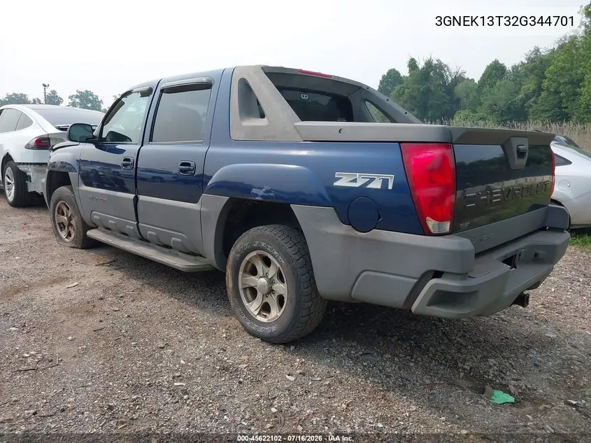 2002 Chevrolet Avalanche 1500 VIN: 3GNEK13T32G344701 Lot: 45622102