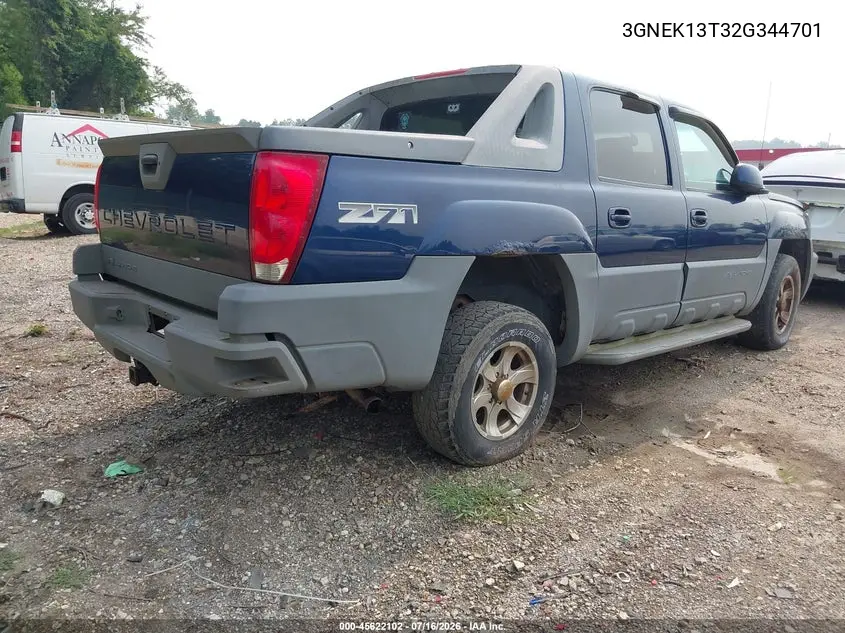 2002 Chevrolet Avalanche 1500 VIN: 3GNEK13T32G344701 Lot: 45622102