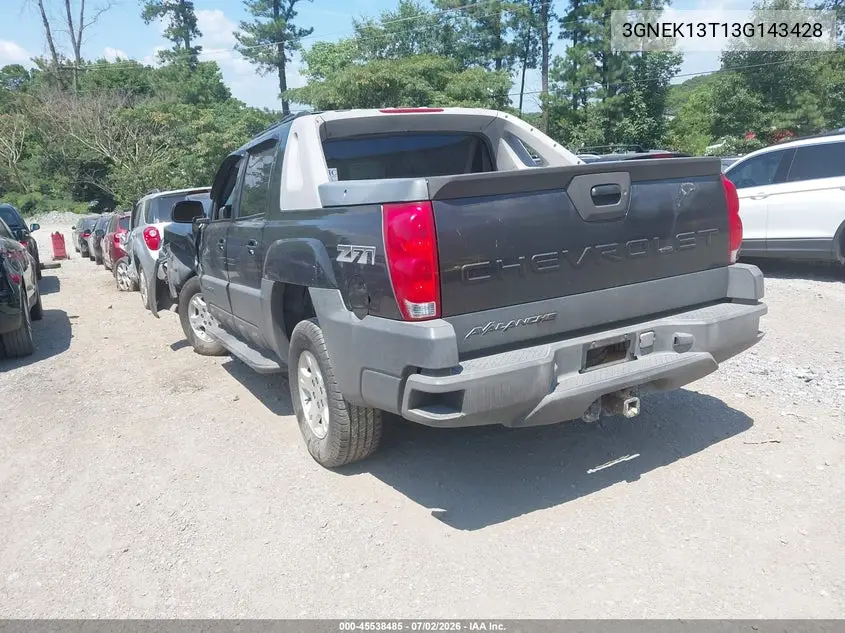 2003 Chevrolet Avalanche 1500 VIN: 3GNEK13T13G143428 Lot: 45538485