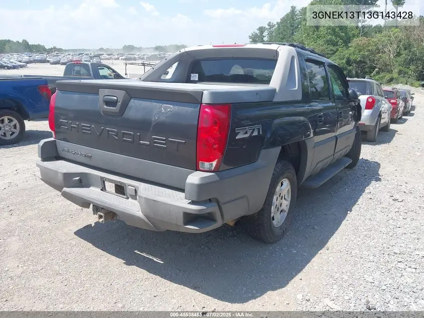 2003 Chevrolet Avalanche 1500 VIN: 3GNEK13T13G143428 Lot: 45538485