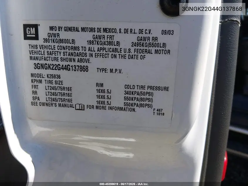 2004 Chevrolet Avalanche 2500 VIN: 3GNGK22G44G137868 Lot: 45398619