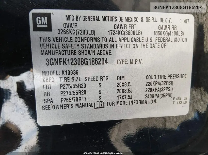 2008 Chevrolet Avalanche 1500 Ltz VIN: 3GNFK12308G186204 Lot: 45426609