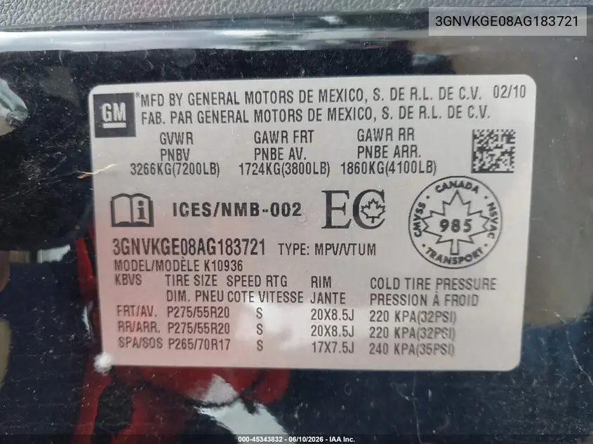 2010 Chevrolet Avalanche 1500 Ltz VIN: 3GNVKGE08AG183721 Lot: 45343832