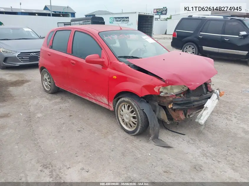 2004 Chevrolet Aveo VIN: KL1TD62614B274945 Lot: 45039550
