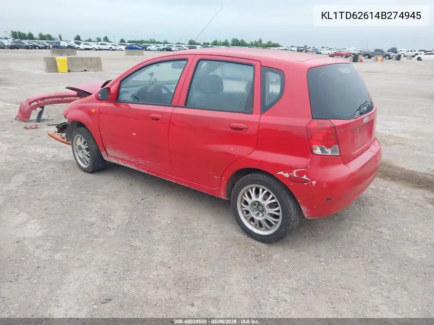 2004 Chevrolet Aveo VIN: KL1TD62614B274945 Lot: 45039550