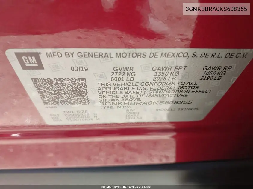 2019 Chevrolet Blazer VIN: 3GNKBBRA0KS608355 Lot: 45613713