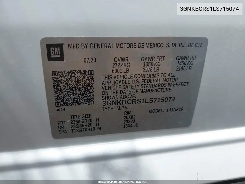 2020 Chevrolet Blazer Fwd 2Lt VIN: 3GNKBCRS1LS715074 Lot: 45354140