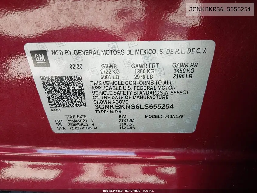 2020 Chevrolet Blazer Awd Rs VIN: 3GNKBKRS6LS655254 Lot: 45414150