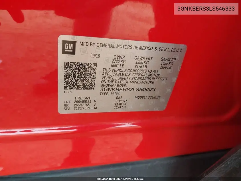 2020 Chevrolet Blazer Fwd Rs VIN: 3GNKBERS3LS546333 Lot: 45514663
