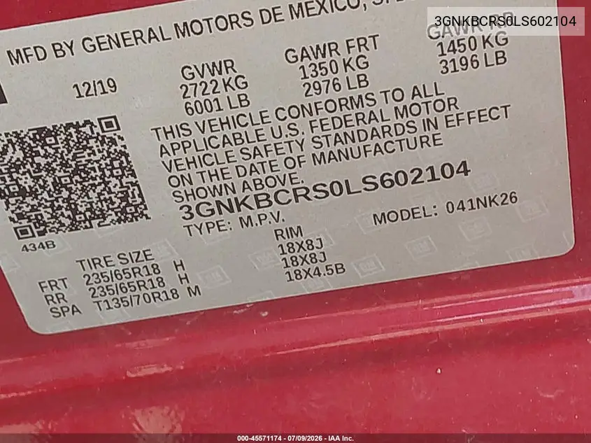 2020 Chevrolet Blazer Fwd 2Lt VIN: 3GNKBCRS0LS602104 Lot: 45571174