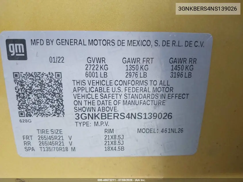 2022 Chevrolet Blazer Fwd Rs VIN: 3GNKBERS4NS139026 Lot: 45572211