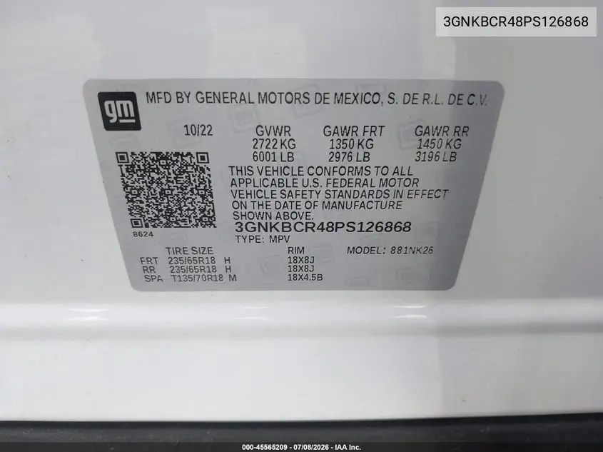 2023 Chevrolet Blazer Fwd 2Lt VIN: 3GNKBCR48PS126868 Lot: 45565209
