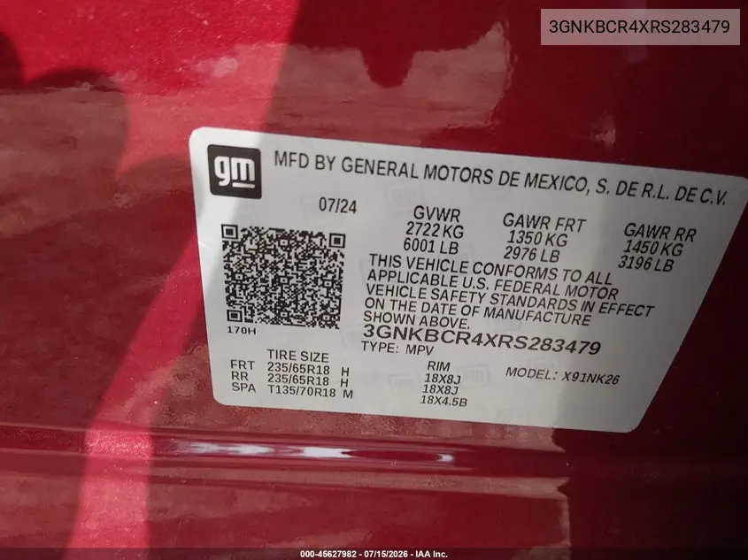2024 Chevrolet Blazer Fwd 2Lt VIN: 3GNKBCR4XRS283479 Lot: 45627982
