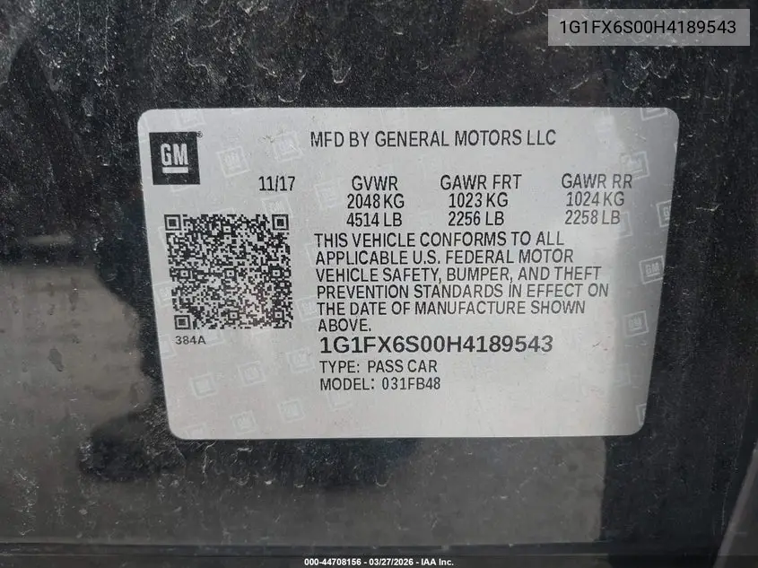 2017 Chevrolet Bolt Ev Premier VIN: 1G1FX6S00H4189543 Lot: 44708156