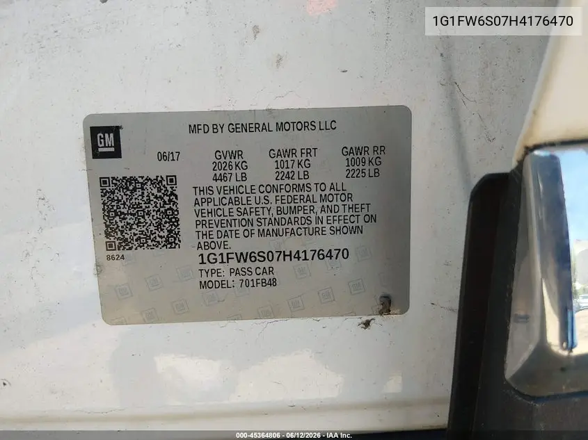 2017 Chevrolet Bolt Ev Lt VIN: 1G1FW6S07H4176470 Lot: 45364806