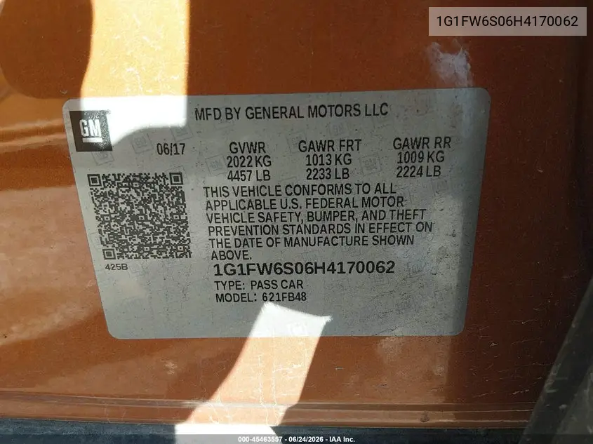 2017 Chevrolet Bolt Ev Lt VIN: 1G1FW6S06H4170062 Lot: 45463557