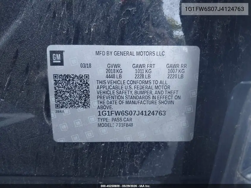 2018 Chevrolet Bolt Ev Lt VIN: 1G1FW6S07J4124763 Lot: 45257075