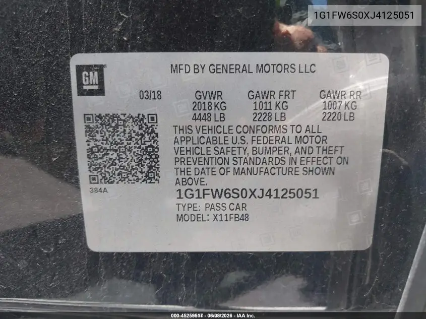 2018 Chevrolet Bolt Ev Lt VIN: 1G1FW6S0XJ4125051 Lot: 45259517