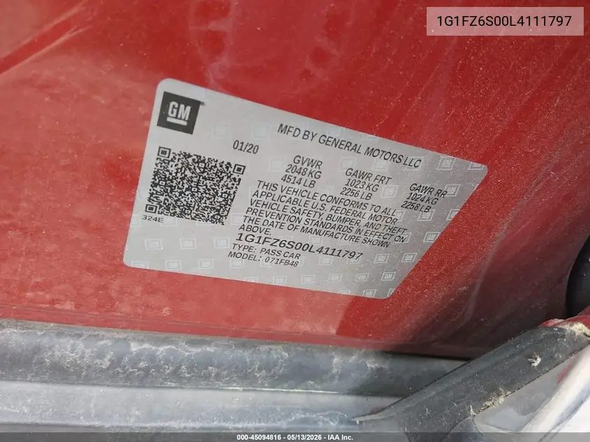 2020 Chevrolet Bolt Ev Fwd Premier VIN: 1G1FZ6S00L4111797 Lot: 45094816