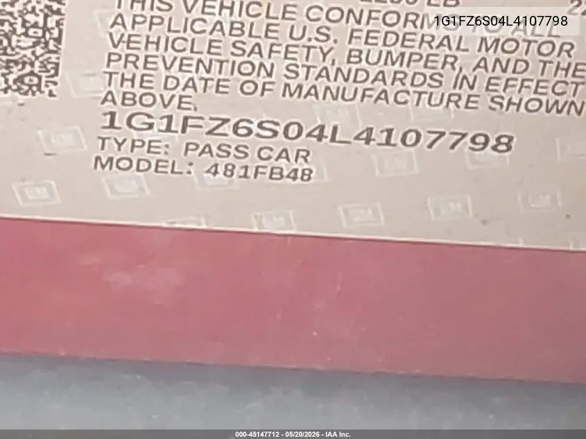 2020 Chevrolet Bolt Ev Fwd Premier VIN: 1G1FZ6S04L4107798 Lot: 45147712