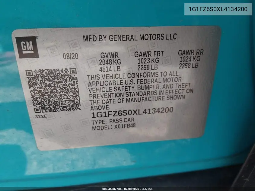 2020 Chevrolet Bolt Ev Fwd Premier VIN: 1G1FZ6S0XL4134200 Lot: 45587734