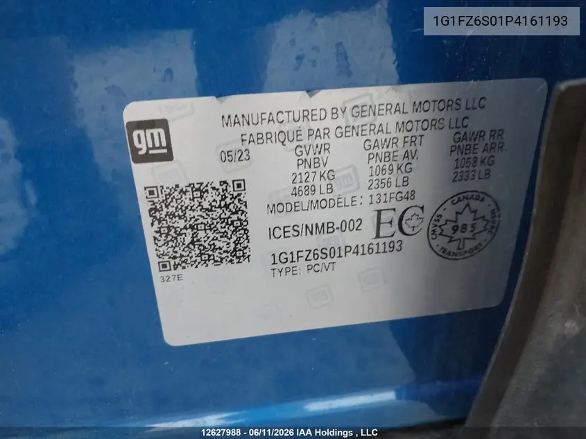 2023 Chevrolet Bolt Euv Premier VIN: 1G1FZ6S01P4161193 Lot: 12627988