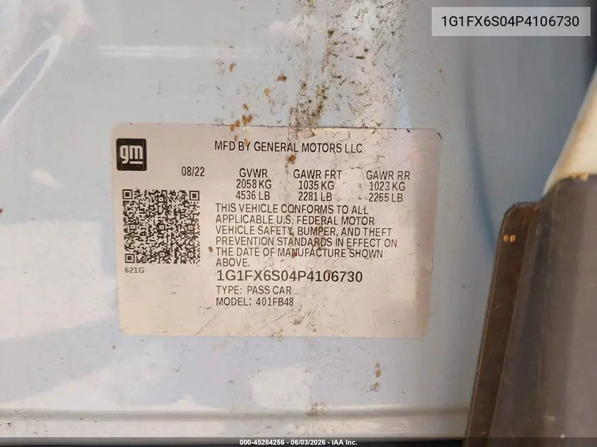 2023 Chevrolet Bolt Ev Fwd 2Lt VIN: 1G1FX6S04P4106730 Lot: 45284256