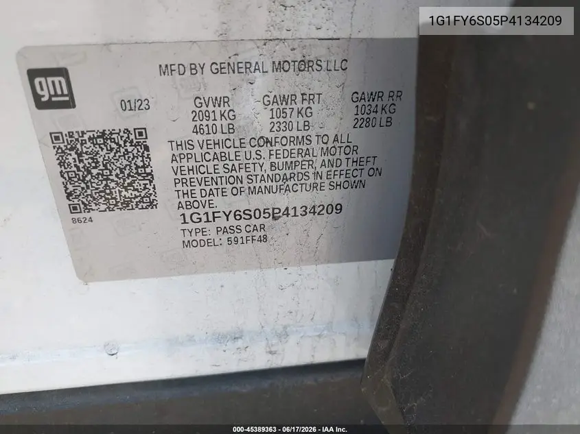 2023 Chevrolet Bolt Euv Fwd Lt VIN: 1G1FY6S05P4134209 Lot: 45389363
