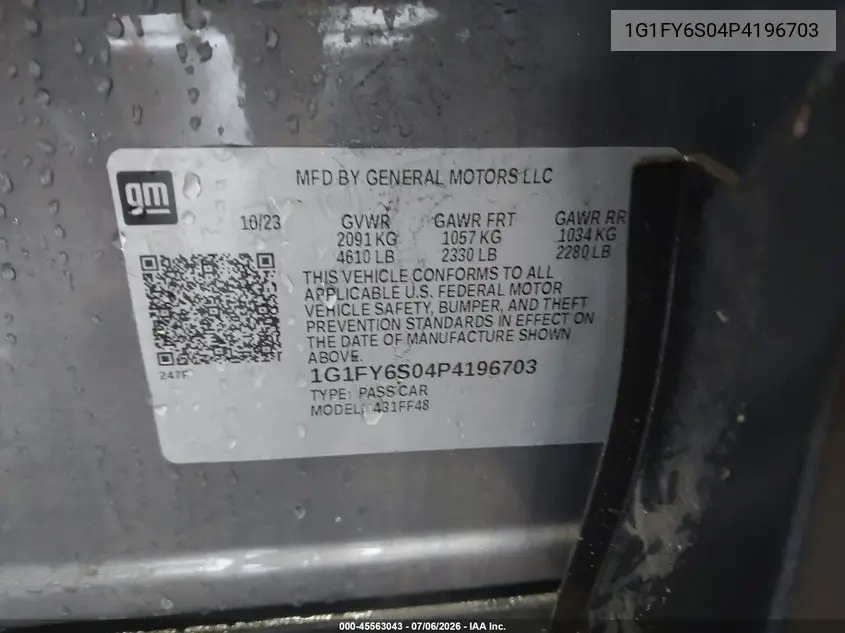 2023 Chevrolet Bolt Euv Fwd Lt VIN: 1G1FY6S04P4196703 Lot: 45563043