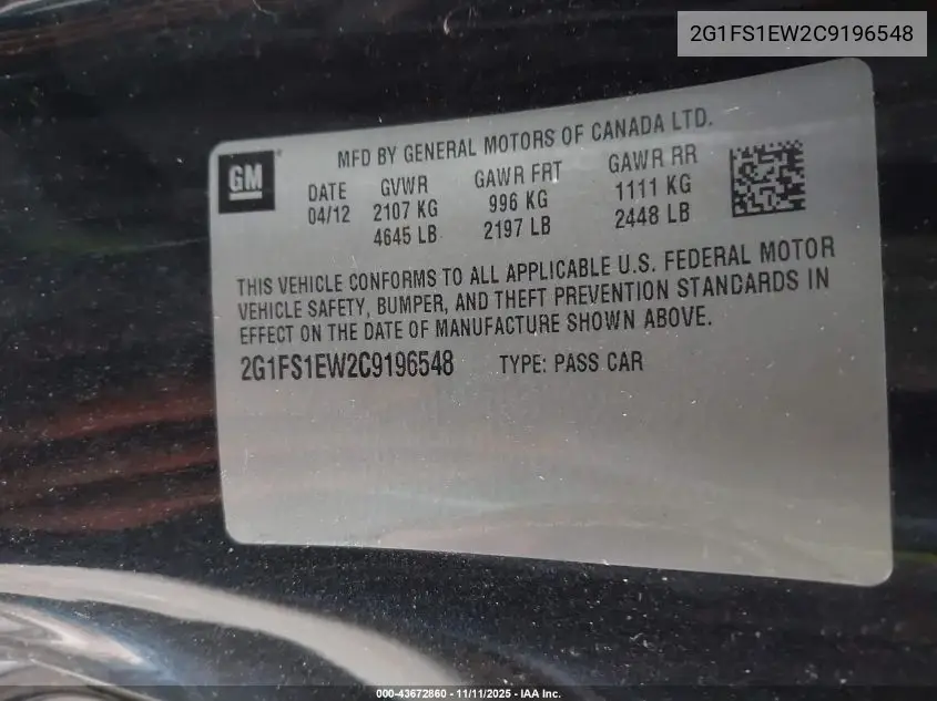 2G1FS1EW2C9196548 2012 Chevrolet Camaro 1Ss