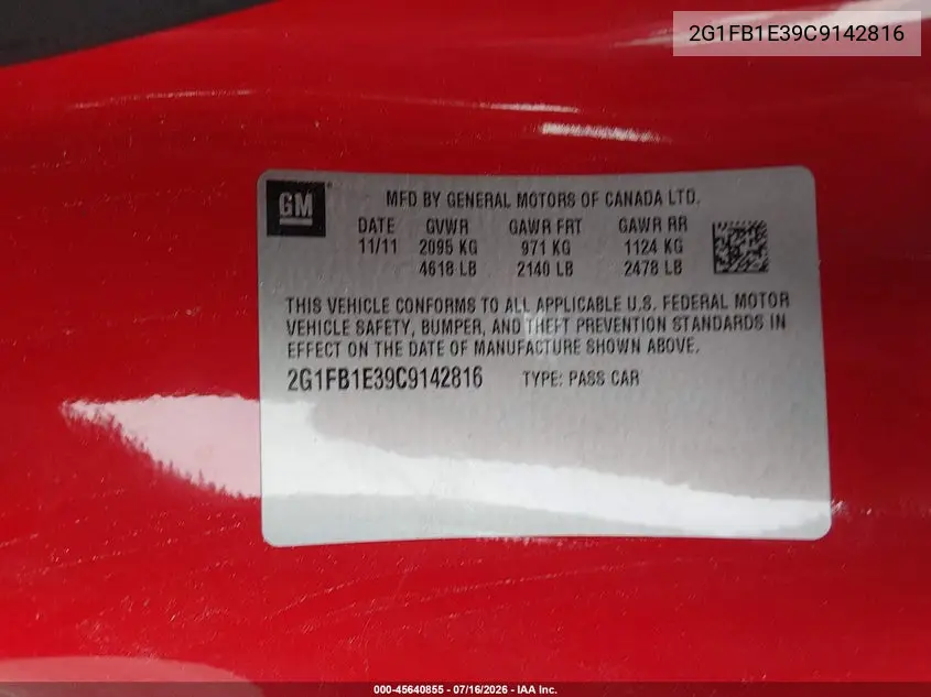 2012 Chevrolet Camaro 1Lt VIN: 2G1FB1E39C9142816 Lot: 45640855