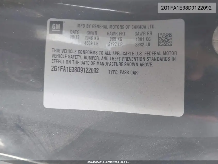 2013 Chevrolet Camaro 2Ls VIN: 2G1FA1E38D9122092 Lot: 45664215