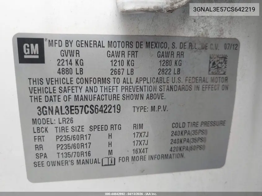 2012 Chevrolet Captiva Sport Lt VIN: 3GNAL3E57CS642219 Lot: 44842992